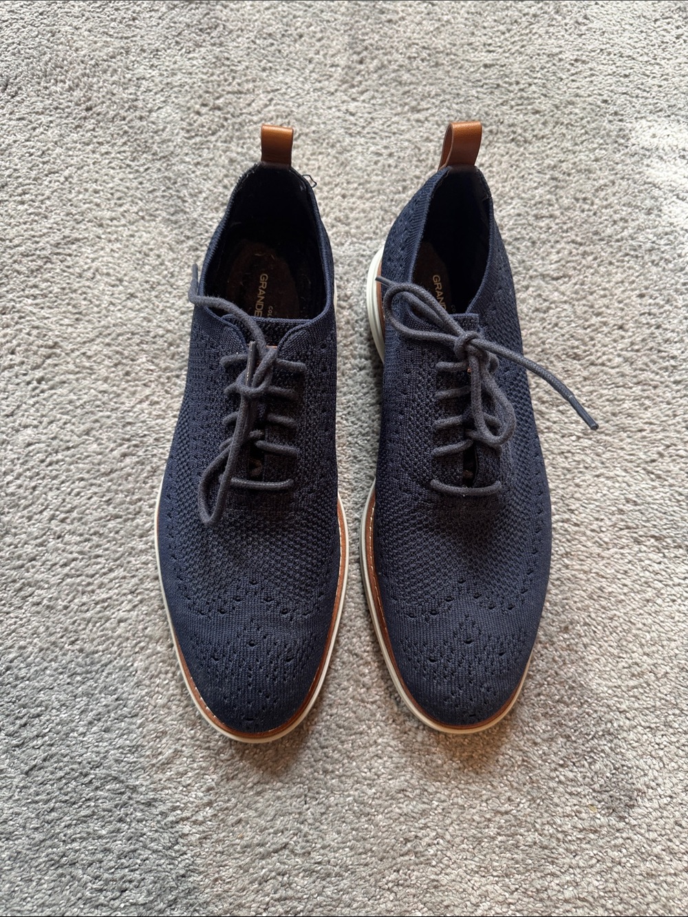 Cole Haan Grand Evolution Knit Wingtip Derby in Navy with Brown Accents